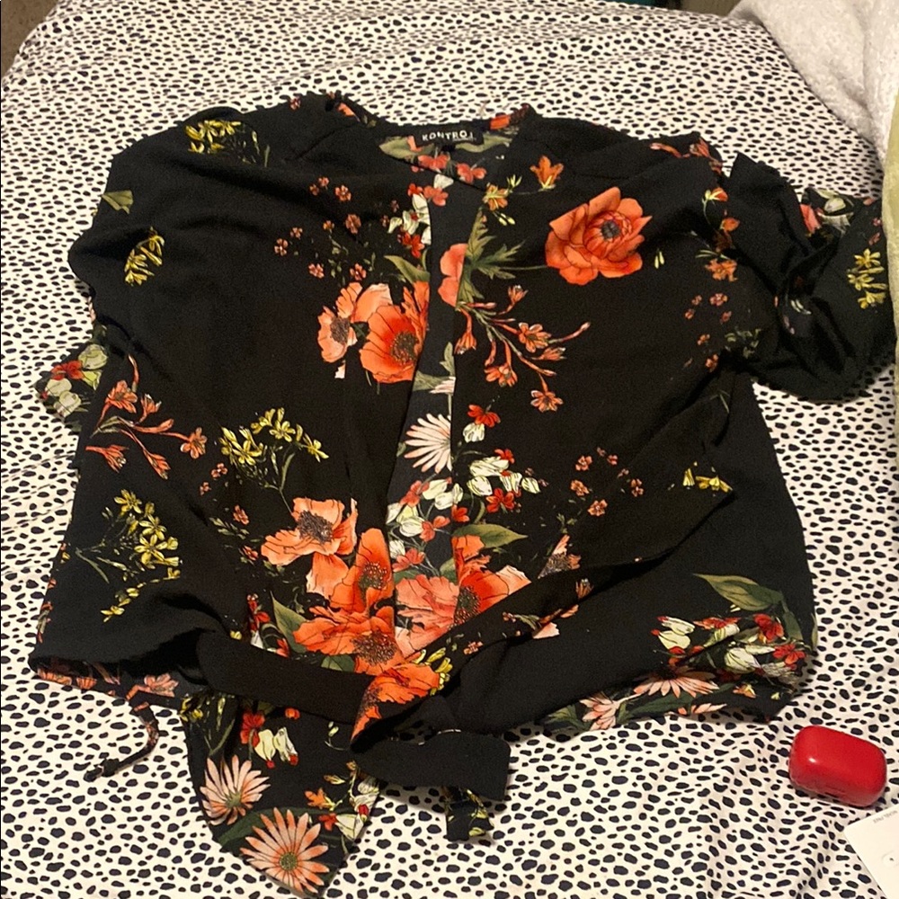 Black Floral Women's Tie Across Blouse
